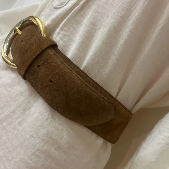 Y2K Big Wide Brown Suede Belt with Gold & Silver Buckle Sueded Pigskin, Size L - Picture 2 of 8